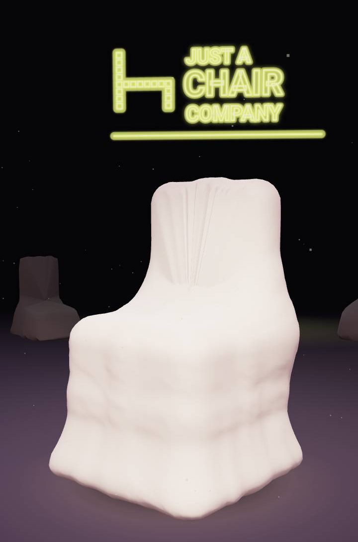 A chair under a white sheet beneath a neon sign: Just A Chair Company